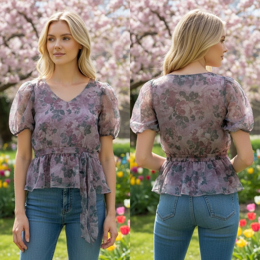 Salo la fille Blouse M Purple Sheer Floral Puff Sleeve Peplum Fairycore